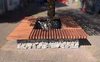 High street gabion bench around tree
